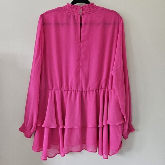 Torrid Top 3X Pink Babydoll Semi Sheer High Smocked NeckCuffs Long Sleeve Ruffle - Picture 16 of 16